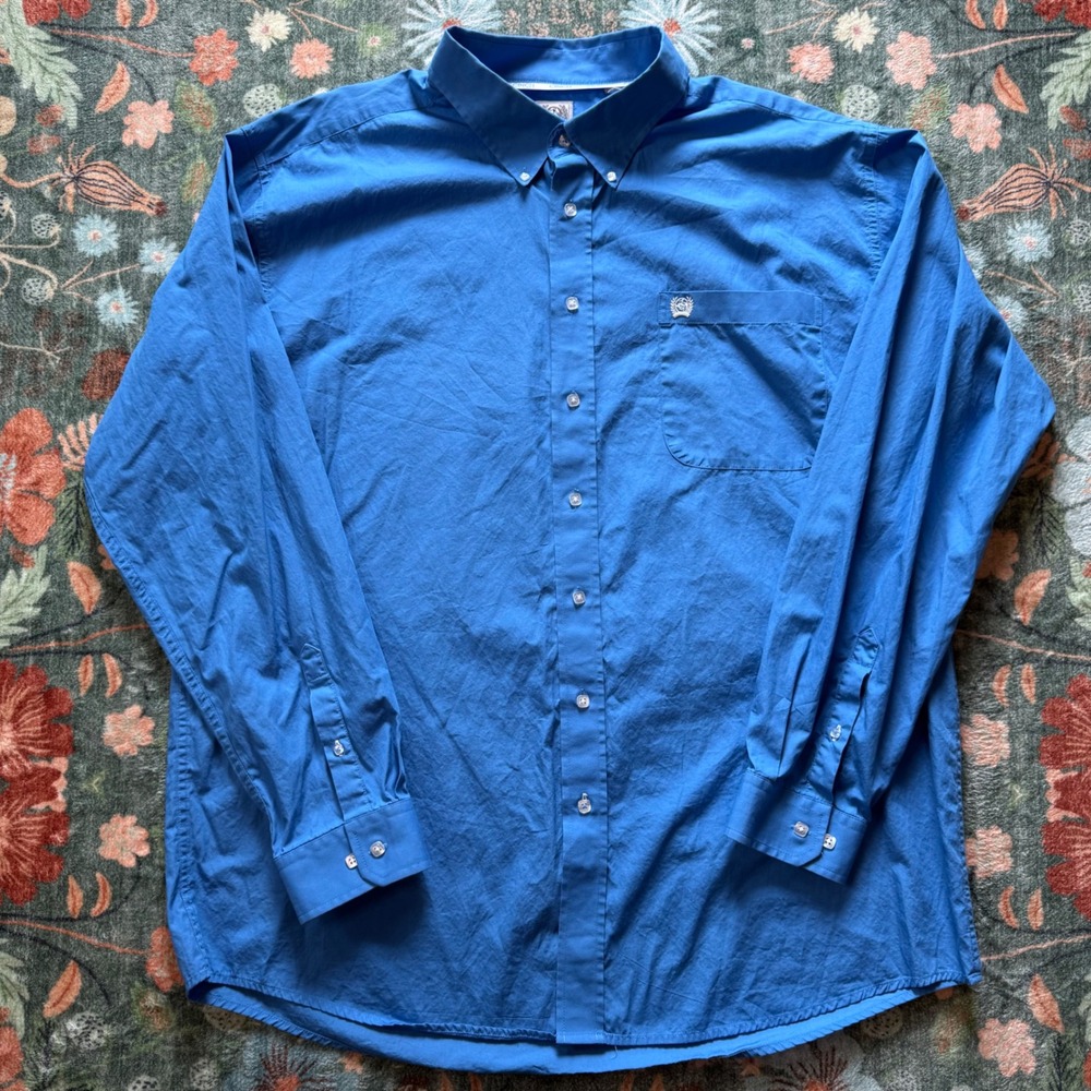 Cinch Mens XL Blue Long Sleeve Button Down Western Shirt MTW1103799 Solid Cotton - Picture 2 of 10